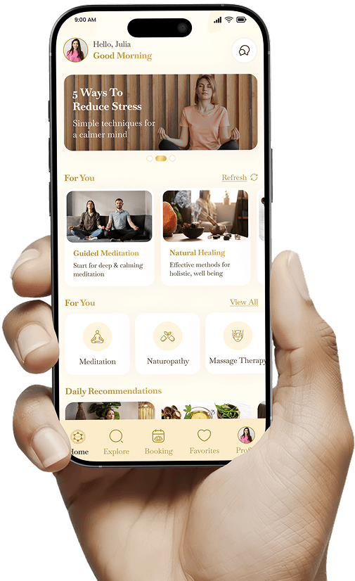 VEDA application shown on a phone held in one hand